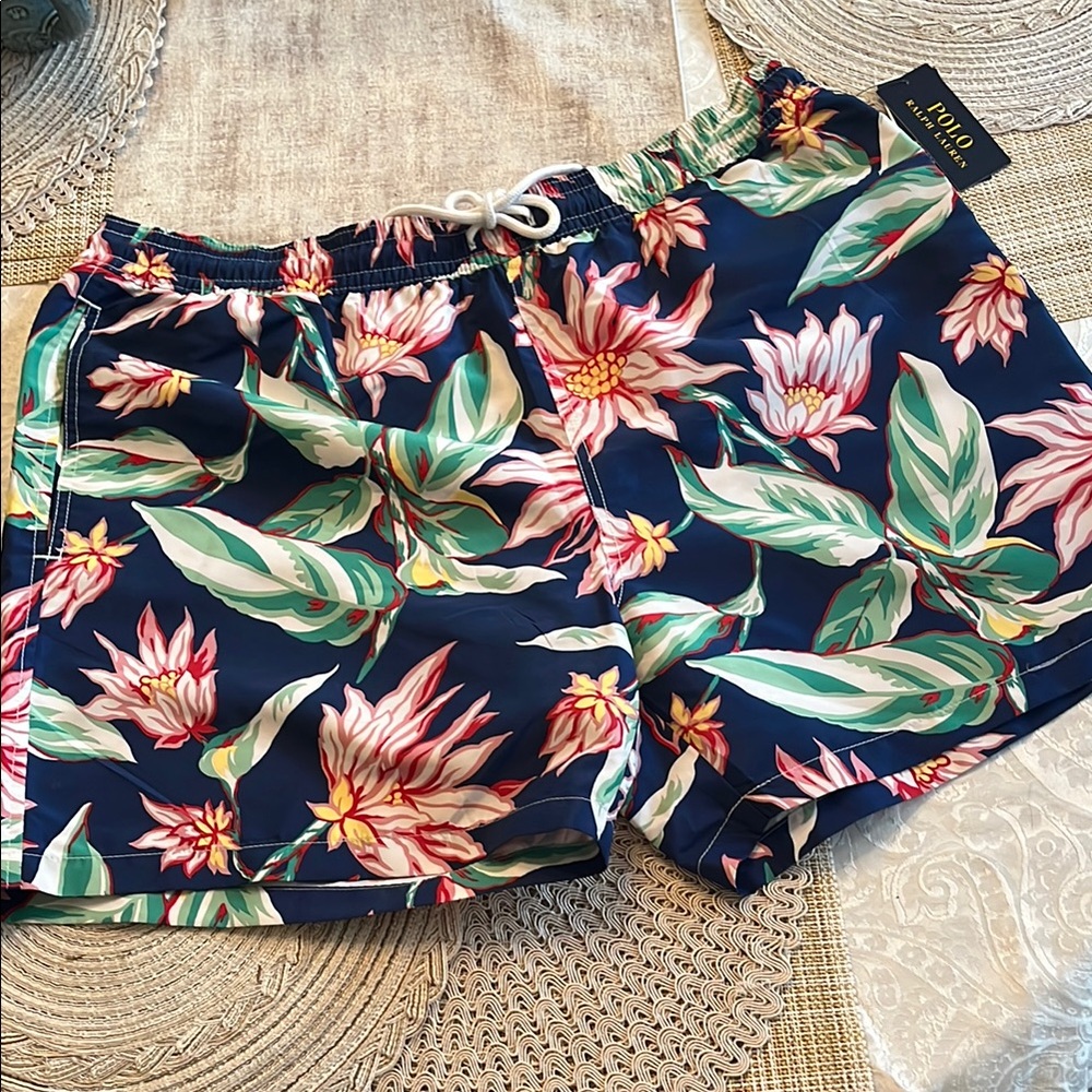 NWT Polo by Ralph Lauren Blue Swim Trunks Vibrant Floral Design men XXL